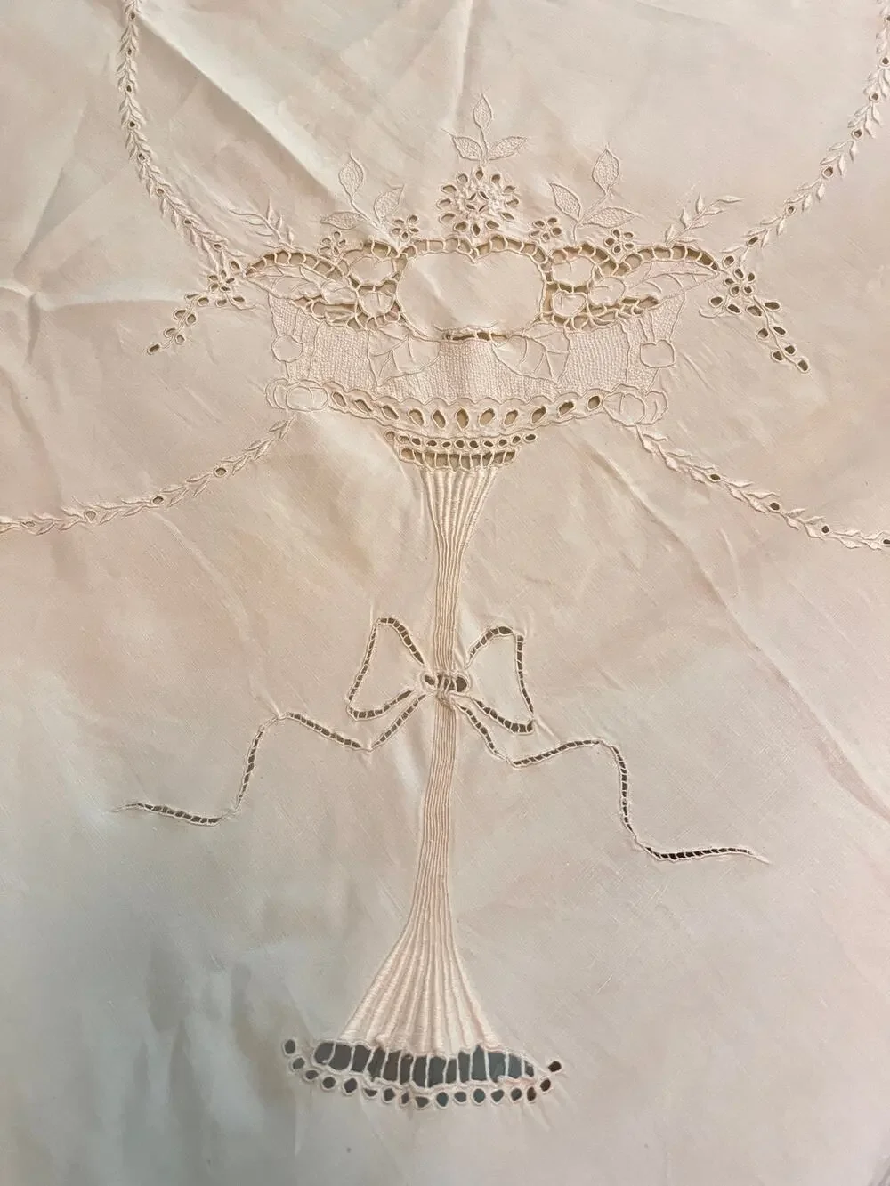 vintage cut thread work embroidery cotton white tablecloth or bed cover